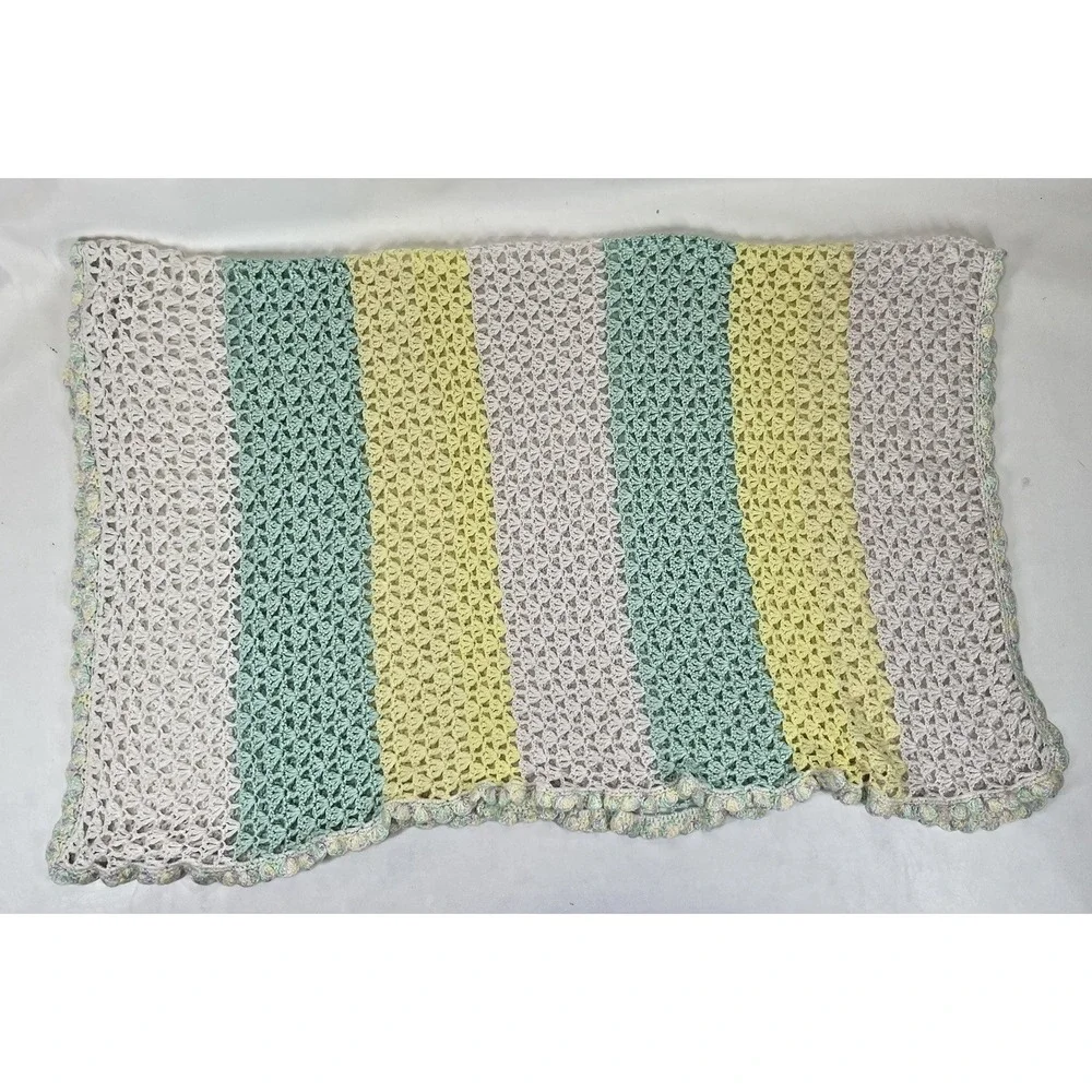 Baby Crochet Afghan Blanket‎ Pastel Striped Green Yellow White 56x48